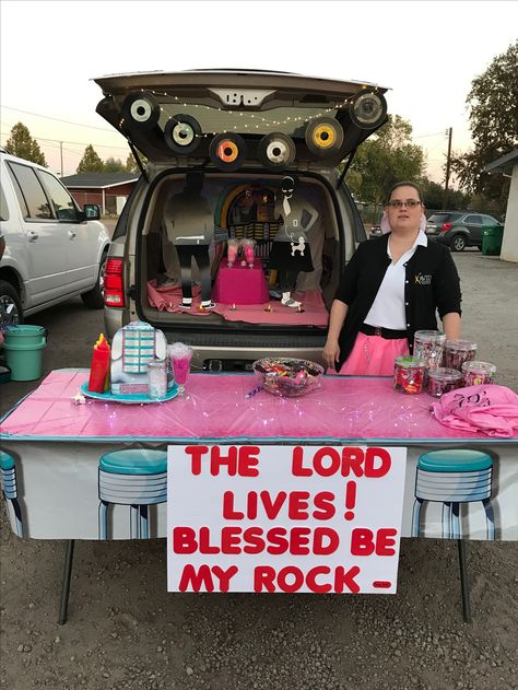 Rock And Roll Trunk Or Treat, 50s Theme Trunk Or Treat, Trunk Or Treat 50s Theme, 50s Trunk Or Treat Ideas, Grease Trunk Or Treat Theme, Disco Trunk Or Treat, Church Trunk, Trunker Treat Ideas, Church Humor