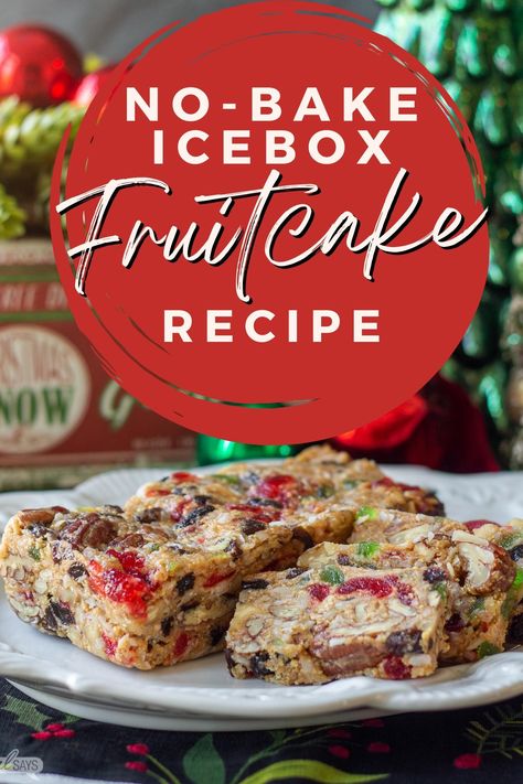 If you don't like the classic Christmas dessert , this no-bake icebox fruitcake recipe will change your mind. You'll love this fruity and nutty version made with graham crackers and marshmallows. Graham Cracker No Bake Fruitcake, No Bake Fruitcake Graham Crackers, Unbaked Fruitcake Recipe, Refrigerator Fruit Cake Recipe, Icebox Fruitcake Recipes Graham Crackers, Ice Box Fruit Cake Recipe, No Bake Fruit Cake Recipe, No Bake Fruit Cake, Icebox Fruit Cake Recipe