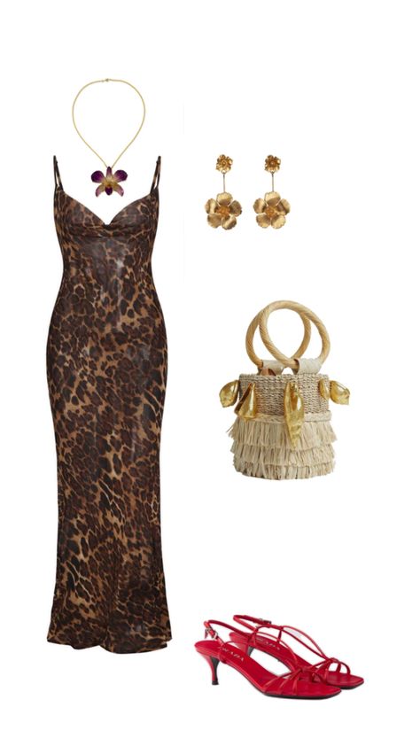 Leopard dress, summer night out inspo, vacation outfit inspo Leapord Dress Outfit, Leopard Print Slip Dress Outfit, Chic Leopard Print Party Midi Dress, Leopard Print Dress Date Night, Summer Leopard Print Backless Dress, Leopard Print Dress Aesthetic, Rat And Boa Leopard Dress, Slip Dress Outfit, Leopard Dress