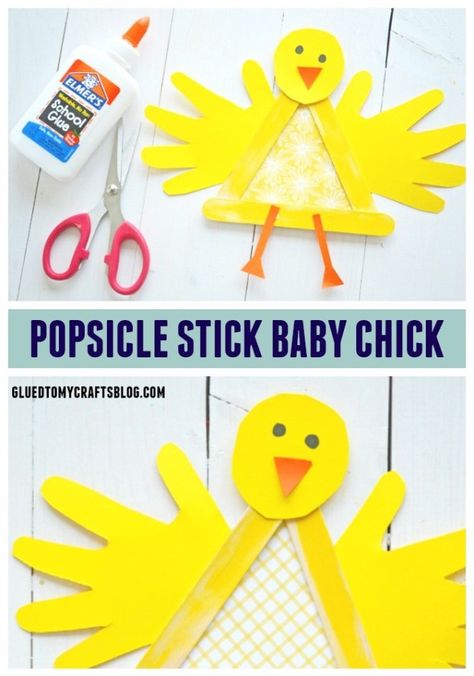 Handprint Popsicle Stick Baby Chick - Kid Craft - Glued To My Crafts Chicks Craft, Påskeaktiviteter For Barn, Popsicle Stick Crafts For Kids, Easter Crafts Preschool, Seni Korea, Diy Spring Crafts, Fun Easter Crafts, Toddler Arts And Crafts, Easy Easter Crafts