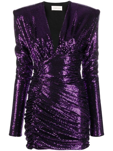 purple sequin embellishment plunging V-neck ruched detailing long sleeves concealed rear zip fastening straight hem thigh-length 70s Dress Party, Skz Outfits, Color Uva, Purple Sequin Dress, Embellished Fabric, Sequin Embellishment, Disco Dress, High Fashion Outfits, Evening Dresses Short