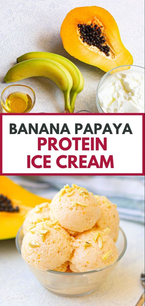 Banana protein ice cream Frozen Papaya Recipes, Papaya Ice Cream Recipe, Ripe Papaya Recipes, Recipes With Papaya, Papaya Recipes Dessert, Papaya Ice Cream, Papaya Dessert, Papaya Recipe, Papaya Sorbet