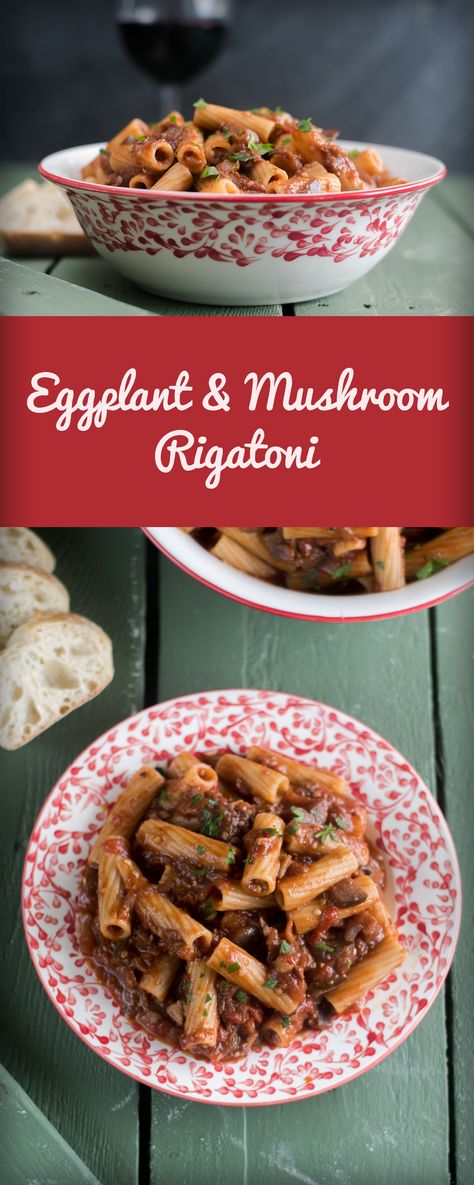 Whole wheat rigatoni is tossed in rich, flavorful eggplant and mushroom tomato sauce. Red wine and balsamic vinegar add a really nice flavor to the sauce. Pasta And Eggplant Recipe, Eggplant And Pasta Recipes Dinners, Eggplant And Noodles Recipes, Eggplant Rigatoni Recipes, Eggplant Mushroom Pasta, Eggplant Ragu Recipes, Vegetarian Eggplant Recipes, Vegan Pasta Recipes, Vegan Pasta