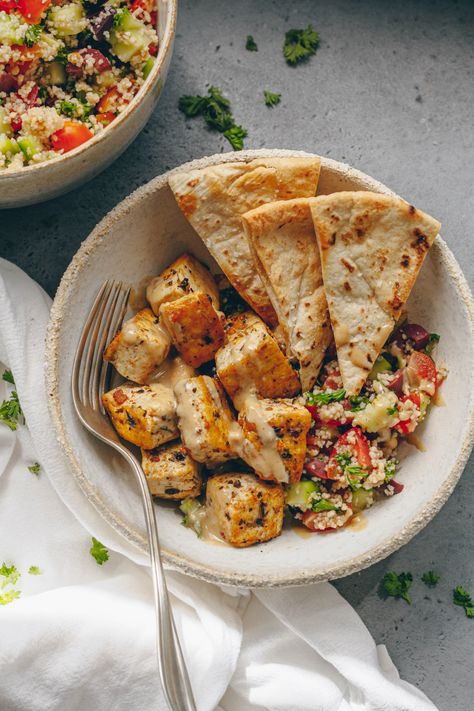 Mediterranean Herbed Lemon Tofu and Couscous Bowl – healthienut – Easy to follow plant-forward recipes Couscous Hummus Bowl, Vegan Cous Cous Recipes, Vegan Couscous Bowl, Tofu Couscous Recipes, Tofu Grain Bowl, Greek Tofu Bowl, Quinoa And Tofu Recipes, Mediterranean Tofu Bowl, Vegetarian Mediterranean Bowl