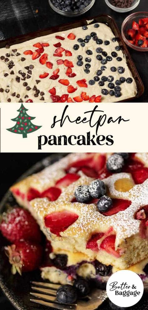 Christmas Sheet Pan Pancakes, Brunch For Kids Party, Baked Pancakes Oven Easy, Oven Pancakes Easy, Quick Breakfast For A Crowd, Christmas Breakfast For A Crowd, Baked Pancakes Oven, Big Meals For A Crowd, Christmas Eve Breakfast Ideas