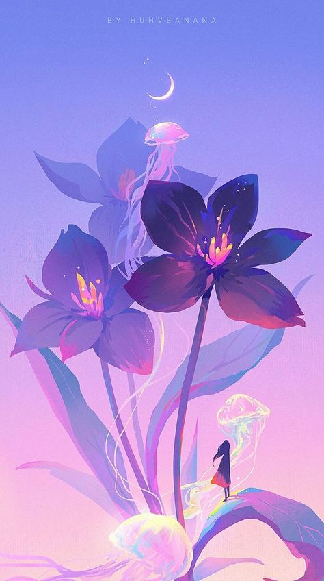 Mystical Illustration Art, Purple Illustration Art, Flower Fantasy Art, Purple Aesthetic Art, Fantasy Flowers Art, Dreamy Illustration, Purple Illustration, Dream Illustration, Purple Anime