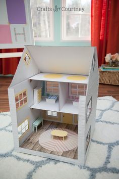 DIY: cardboard box dollhouse #Kids #Paper #Toy Cardboard Box Houses, Cardboard Box Diy, Cardboard Dollhouse, Diy Barbie House, Diy Pop, Cardboard Crafts Diy, Cardboard Box Crafts, Cardboard Toys, Diy Barbie Furniture