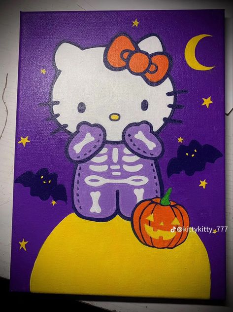 Halloween Painting Hello Kitty, Cartoon Halloween Painting Ideas, Cute Fall Paintings Aesthetic, Pennywise Painting Easy, Fall Halloween Canvas Painting, Easy Painting Ideas Disney, Begginer Art Ideas, Painting Ideas Halloween Canvas, Cute Spooky Painting Ideas