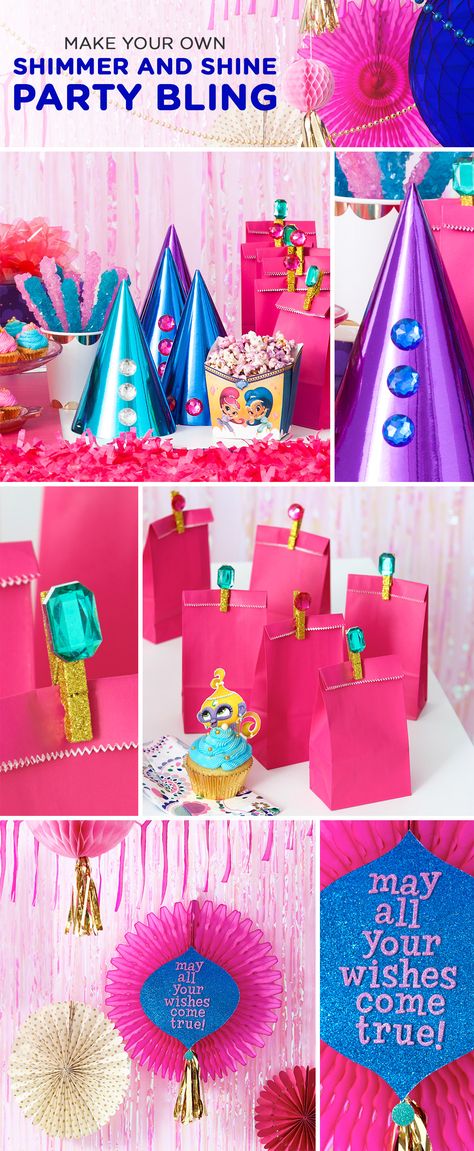 Crystals and gems and jewels, oh my! If you're planning a Shimmer and Shine birthday party for your preschooler, you'll want to be sure to include at least SOME well-placed bling.  Take a look at these DIY bejeweled party hats, goody bag clothespins, and hanging decorations to lend you some inspiration. So easy to make, with so much shimmering, shining payoff! Bejeweled Party, Shimmer And Shine Birthday Party, Shine Birthday Party, Diy Goodie Bags, Shimmer And Shine Birthday, Shimmer Y Shine, Girl Bday Party, Shimmer Shine, Birthday Planning