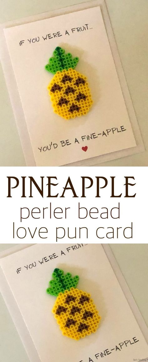 This pineapple perler bead love card is simple to make with pearler beads and thoughtfully placed on a card you can gift to family or friends!  #perler #bead #Valentine #love #pun #pineapple #craft #kids Pineapple Perler Bead Pattern, Perler Valentine Patterns, Perler Bead Canvas Art, Perler Bead Cards, Simple Perler Bead Patterns, Valentines Puns, Easy Perler Bead Patterns, Melty Bead Patterns, Valentines Patterns