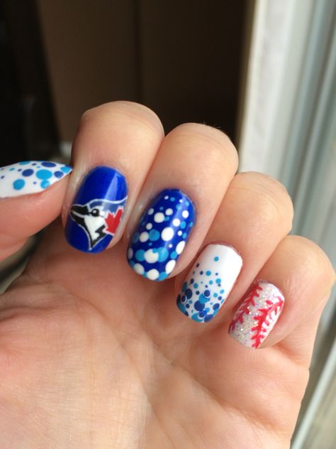 Blue jays nails Toronto Blue Jay Nails, Blue Jays Nail Art, Blue Jay Nails, Blue Jays Game Outfit, Blue Jays Nails, Asap Nails, Nails Baseball, Fingernails Designs, Baseball Nail Designs