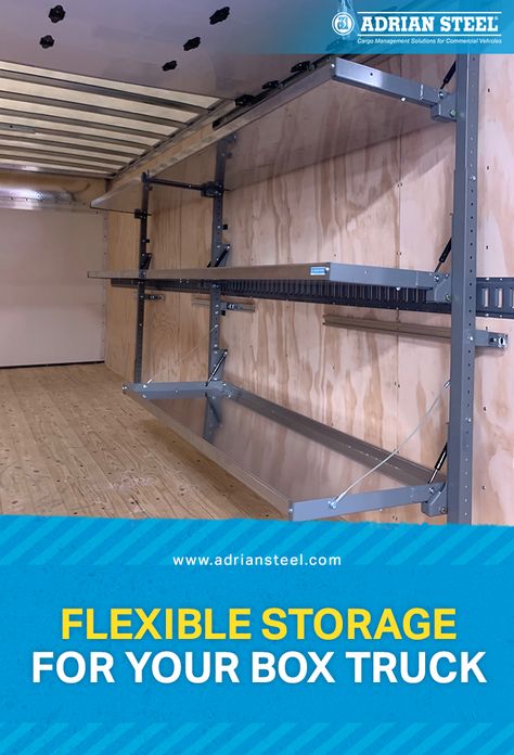 #AdrianSteel Box Truck Folding Shelving provides the flexibility to change your shelves depending on the cargo you are carrying. #BoxTruckShelving #FoldingShelving Box Truck Storage Ideas, Box Truck Shelving Ideas, Trailer Shelving Ideas Enclosed, Cargo Trailer Storage Ideas, Cargo Van Shelving Ideas, Cargo Trailer Shelving Ideas, Enclosed Trailer Shelving Ideas, Enclosed Utility Trailers, Trailer Shelving