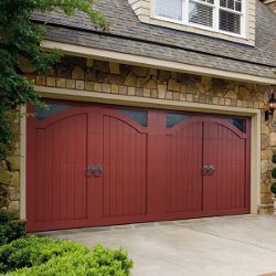 Amarr Garage Doors, Red Garage Door, Red Garage, Carriage Style Garage Doors, Gray Tiles, Doors Outdoor, Aluminium Garage Doors, Garage Door Sizes, Carriage House Garage Doors