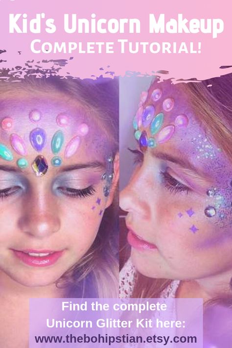 A complete DIY for kid's unicorn makeup! Watch the simple unicorn makeup how-to in both a video and blog post from The Bohipstian! Get the complete gemstone and glitter kit to create the unicorn look as well!   #unicornparty #unicornmakeup #kidsunicornmakeup #howtounicornmakeup #kidshalloweenmakeup #unicornfacepaint #halloweenmakeupunicorn Unicorn Makeup Kids Easy, Easy Unicorn Makeup, Unicorn Makeup Kids, Unicorn Costume Makeup Kids, Unicorn Face Makeup Halloween, Halloween Makeup Unicorn, Cute Unicorn Makeup Halloween, Unicorn Costume Womens Makeup, Unicorn Makeup Tutorial