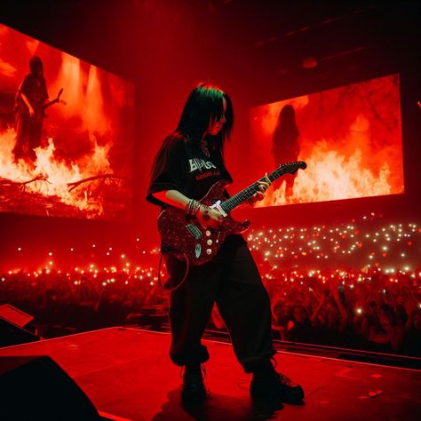 Billie Eilish Guitar, Billie Concert Wallpaper, Billie Eilish On Tour, Billie Eilish Playing Guitar, Billie Eilish Concert Aesthetic, Billie Eilish Concert, Billie Eilish At Concert, Billie Eilish Performing, Concert Aesthetic