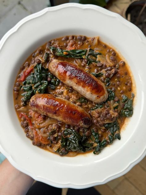 Saucy Sausage, Puy Lentils and Cavolo Nero - by Hannah Mai Puy Lentil Recipes, Cavolo Nero Recipe, Puy Lentils, 2024 Meals, Food Plan, Lentil Recipes, Jambalaya, Sausages, Spring Day