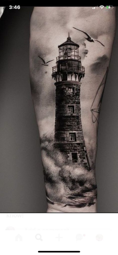 Ship And Lighthouse Tattoo Sleeve, Mens Lighthouse Tattoo Sleeve, Lighthouse Tattoo Back Of Arm, Creepy Lighthouse Tattoo, Lighthouse Tattoo Men Leg, Lighthouse Tattoo Chest, Realism Lighthouse Tattoo, Lighthouse And Waves Tattoo, Lighthouse Shin Tattoo