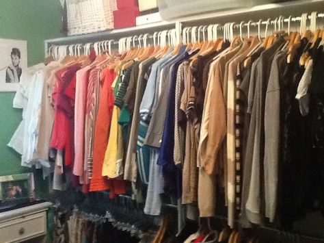 Color coordinated closet Closet Organized By Color, Color Coated Closet, Color Coded Closet Aesthetic, Color Organized Closet Aesthetic, Color Coordinated Closet, Coat Closet, First Home, Apartment, Closet