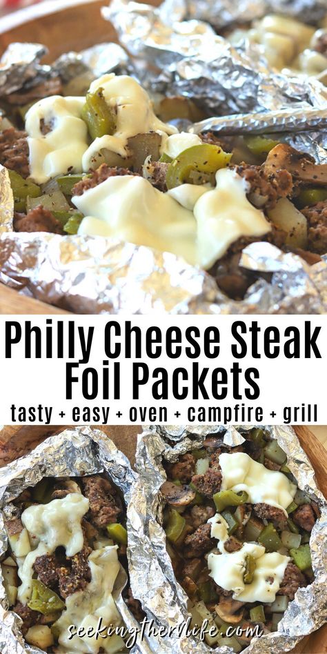 Foil Packs In The Oven, Philly Cheese Steak Foil Packet, Cheap Grilling Ideas, Steak Foil Packets, Hobo Packets, Campfire Dinner Recipes, Easy Camping Food Ideas, Recipe With Potatoes, Tin Foil Dinners