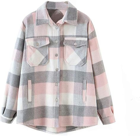 Women's Girl Plaid Button Down Long Sleeve Shacket Jacket Coat Warm Shirt Blouse Casual Outwear with Pocket (Camel, S) at Amazon Women’s Clothing store Plaid Winter Jacket, Plaid Outerwear, Jacket Coat Fashion, Boyfriend Look, Woolen Tops, Plaid Jacket Women, Pastel Plaid, Plaid Shacket, Plaid Shirts