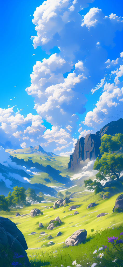 Fantasy Scenery Landscapes, Anime Scenery Wallpaper Phone, Anime Sky Aesthetic, Anime Beautiful Scenery, Aesthetic Anime Scenery Wallpaper, Wallpapers Clouds, Animated Scenery, Genshin Scenery, Scenery Artwork