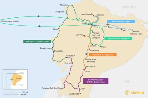 Map of 10 Days in Ecuador: 5 Suggested Itineraries Ecuador Itinerary 10 Days, Ecuador Itinerary, South America Travel Destinations, Itinerary Ideas, Ecuador Travel, Cloud Forest, Galapagos Islands, South America Travel, Train Rides