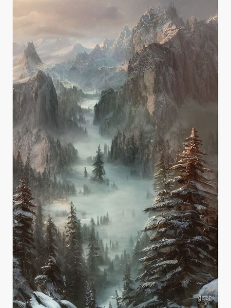 "Fantasy Landscape - Winter Forest" Sticker for Sale by dzzt | Redbubble Nordic Forest Art, Fantasy Taiga Landscape, Nordic Fantasy Landscape, Snowy Fantasy Village, Mountain Town Fantasy Art, Winter Forest Fantasy Art, Fantasy Snowy Landscape, Fantasy Aesthetic Winter, Fantasy Winter Landscape