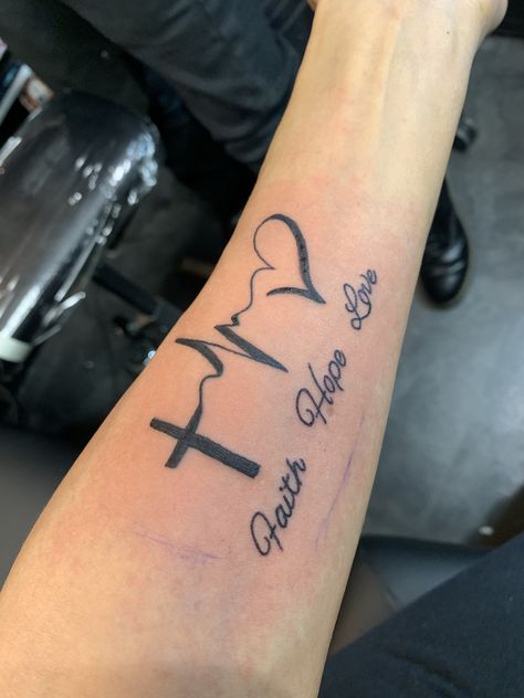 Tattoo Ideas Faith Hope Love, Faith Love Hope Tattoos For Women, Tattoos For Women Faith, Hope Tattoos For Women, Faith Based Tattoos, Small Memorial Tattoos, Wrist Tats, Loving Memory Tattoos, Faith Tattoo Designs