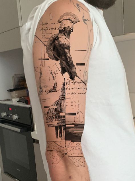 Masculine Tattoo Sleeves, Greek Fineline Tattoo, Long Arm Tattoo, Hamstring Tattoo, Roman Tattoos, Greek Tattoo, Greek God Tattoo, Roman Tattoo, Geometric Line Tattoo