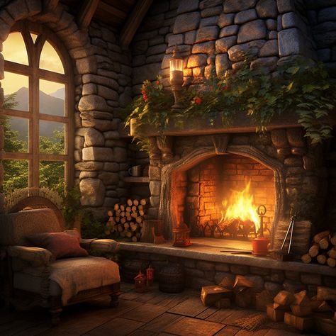 "Transform your space into a haven of warmth and comfort with our enchanting \"Cozy Fireplace Cottage\" digital art print. This captivating piece captures the timeless charm of a rustic cottage nestled amidst a winter wonderland. The focal point of this artwork is a crackling fireplace, its golden glow casting a gentle warmth across the room. Snowflakes drift lazily outside, adding a touch of magic to the scene. The cottage's quaint architecture is adorned with twinkling holiday lights, creating Fantasy Cottage Interior, Witch Cottage Interior, Fireplace Cottage, Witch Cottage, Cottage Interior, Thatched Cottage, Countryside House, Rustic Cottage, Cozy Fireplace