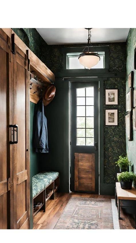 Emerald Green Mudroom, Green Wall Black Trim, Green Mudroom With Wallpaper, Moody Wallpaper Entryway, Forest Green Entryway, Moody Green Entryway, Wallpaper With Wood Trim, Dark Green Mudroom, Green Walls Black Trim