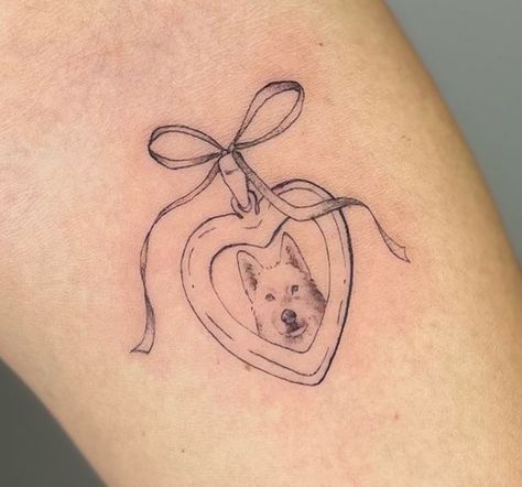 Angel Puppy Tattoo, Tattoos Dogs Ideas, Locket Tattoos Dog, Dainty Pet Tattoos, Dog Locket Tattoo, Pet Locket Tattoo, Tattoo Ideas For Dogs That Have Passed, Pet Tattoos Dog Memorial, Cat Tribute Tattoo