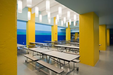 Achievement First Endeavor Middle School by Pentagram School Interiors, Cafeteria Design, Architectural Graphics, Classroom Interior, Pentagram Design, Wall Graphic, School Interior, Hallway Wall, Lunch Room