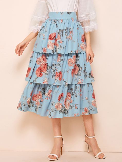 Floral Print Layered Ruffle Skirt Small Frocks, Outfits Juveniles, Arabian Clothing, Maxi Skirt Pattern, Layered Ruffle Skirt, Outfit Elegantes, No Waist, Clothes For Women Over 50, Sewing Wedding Dress