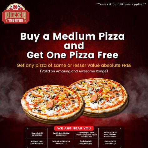 🍕🎭 Friday just got even better! Buy one medium pizza from The Pizza Theatre's awesome or amazing range and get another one for FREE! 😍 Don't miss out on this amazing offer, valid only today at any of our outlets. Come and enjoy our delicious pizzas with your loved ones! #ThePizzaTheatre #FridayOffer #Buy1Get1Free #PizzaLovers #Yummy #pizzalover #Shamli #pizza #delhincr #trendingpizza #offer #fridayoffers #Buy1Get1Free #pizzatheatre #prahladpur #cheeselover #ThePizzaTheatreStore Delicious Pizza, Pizza Lovers, Cheese Lover, Another One, Loved Ones, Get One, Pizza, For Free, Range