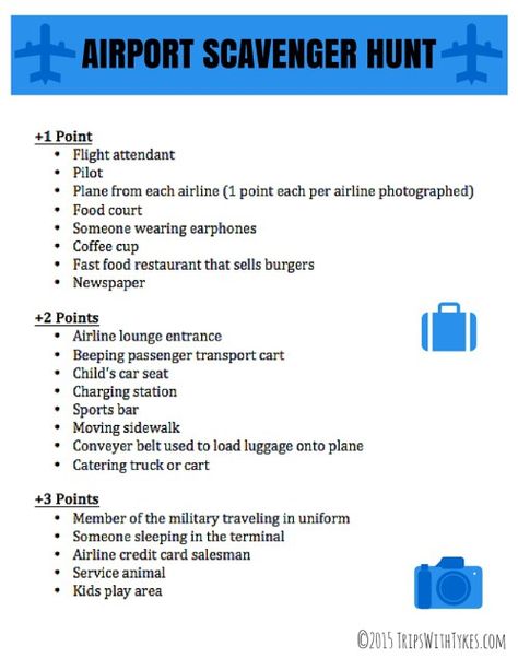 Airport Scavenger Hunt: Entertainment for a Long Layover or Flight Delay - Trips With Tykes Airport Scavenger Hunt, Travel Hacks Airplane, Trip Activities, Adventure Journal, Scavenger Hunt For Kids, Scavenger Hunts, Plane Travel, Silly Things, Travel Games