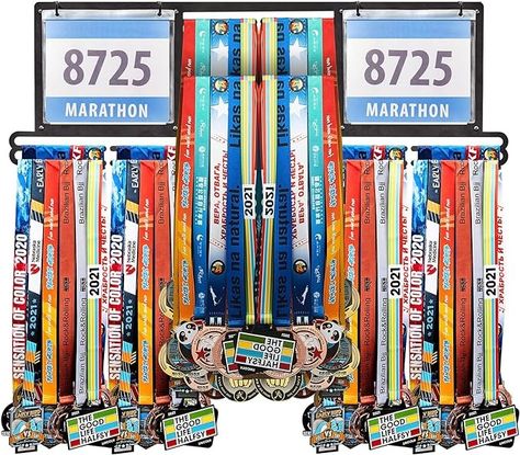 Amazon.com : Shimeyao Race Bib and Medal Display Hanger, Metal Medal Rack Holder Wall Mounted Award Rack for Runners, Displays Over 100 Medals and 200 Race Bibs (Black) : Sports & Outdoors Race Medal And Bib Display Ideas, Displaying Race Bibs And Medals, How To Display Marathon Medals, Displaying Running Medals, Marathon Bib And Medal Display, Race Medal Holder, Medal Rack, Race Medal, Race Bibs