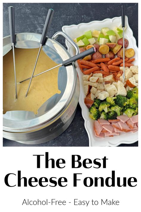 The Best Cheese Fondue Recipe Made Without Alcohol - Love to be in the Kitchen Cheese Fondue Non Alcoholic, Cheese Fondue In Crockpot, Best Cheese Fondue Recipe, Fondue Cheese Recipe, Cheese Fondue Recipes, Cheese Fondue Recipe Easy, Easy Beef Chili Recipe, Fondue Ideas, Easy Fondue Recipes