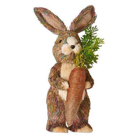 Accent a festive springtime deccor with this straw standing rabbit that comes holding a carrot .  You will love the wonderful detail of the carrot with greenery at its stem.   The Easter rabbit is covered with a grassy natural feel material in two tone color. Standing Rabbit, Standing Bunny, Bunny With Carrot, Rustic Easter Decor, Bunny Mom, Christmas Moose, Christmas Accents, Holiday Hats, Bunny Figurine