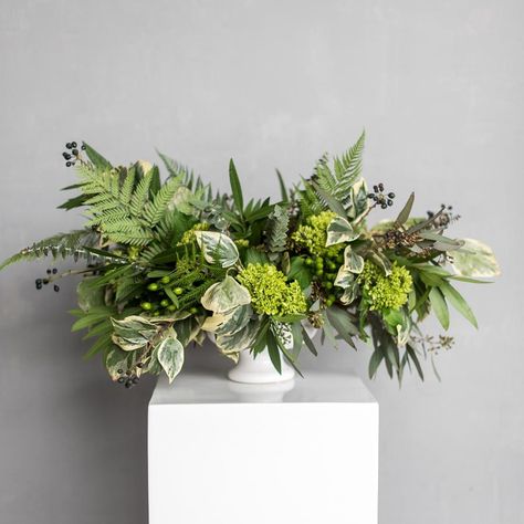 Green Floral Arrangements Centerpieces, Flower Arrangement For Rectangular Table, Low Table Flower Arrangements, Low And Wide Floral Arrangements, Greenery Table Arrangements, Small Greenery Arrangements, Low Greenery Centerpiece, Foliage Only Arrangements, All Green Floral Arrangements