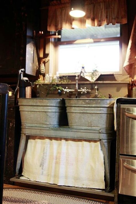 rustic+utility+sinks | Wash tub Double sink farm rustic Galvanized Tub, Kitchen Rustic, Wash Tubs, Antique Kitchen, Summer Kitchen, Safe Haven, Rustic Kitchen, Country Kitchen, Rustic Country