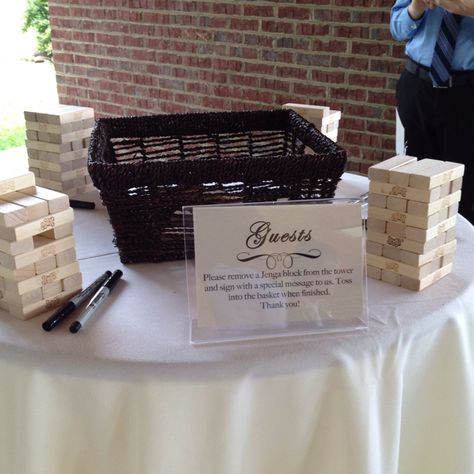 Jenga block guest book! Jenga Block Guest Book, Guest Book Jenga, Jenga Wedding Guest Book, Jenga Wedding, Bbq Wedding Reception, Housewarming Party Decorations, Comic Book Wedding, Graduation Guest Book, Graduation Party Table