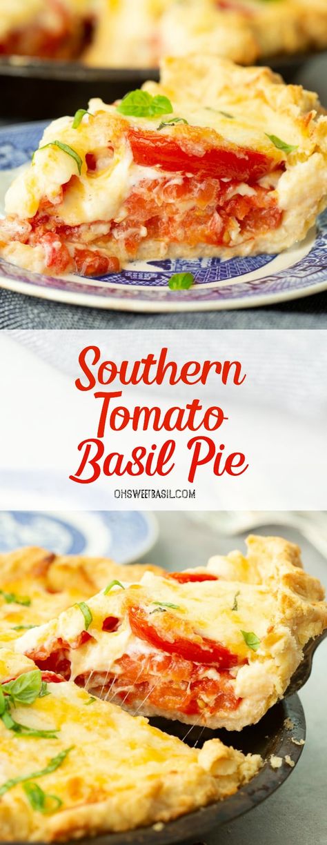 It has finally happened. I've not only tried multiple recipes to get the best one, but I've completely fallen for Southern Tomato Basil Pie. #tomato #summerrecipe #summer #pie #savorypie #appetizer #sidedish #maindish #southernrecipe #tomatoes #cheese Tomato Basil Quiche Recipes, Tomato Basil Pie Recipe, Tomato Pie Recipe Southern, Tomato Basil Pie, Basil Pie, Southern Tomato Pie, Tomato Pie Recipe, Oh Sweet Basil, Summer Pie