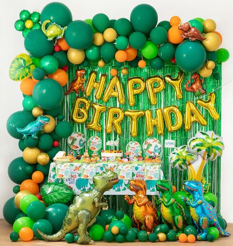 PRICES MAY VARY. LFVIK 3D Dinosaur Supplies Set-Supplies contain 147*thickened balloons（Gold,Dark green,Pearlescent Green,Fruit green,Orange,Red.）1* Large 3D Green Tyrannosaurus Rex,3* 3D dinosaur balloons,5*small dinosaur balloons,2*turtleback leaf balloons,1*large sized coconut tree,1*HAPPY BIRTHDAY banner balloon,1*green flower,2* Sparkle green rain curtains,1*tablecloth,1*large cake topper,50*dinosaur stickers,24*cupcake toppers,10*knives,10*forks,10*spoons,20*napkins,10*7-inch plates,10*9-i Dinosaur Party Games, Party Balloon Garland, Dinosaur Party Invitations, Dinosaur Party Supplies, Dinosaur Birthday Party Decorations, Dinosaur Balloons, 3d Dinosaur, Dinosaur Themed Birthday Party, Dinosaur Birthday Invitations