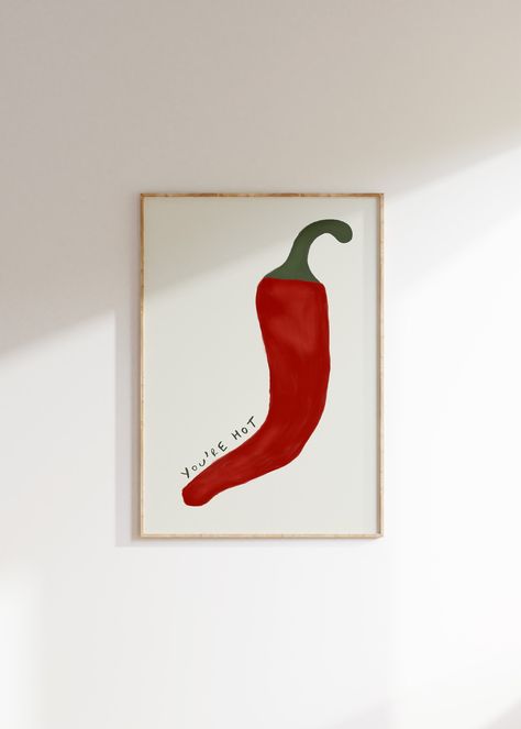 "Welcome to byKHAY ♡ You're hot chilli pepper poster Each premium quality poster is giclée-printed with top-tier pigmented archival inks and museum-grade archival paper for a stunning end result ●Paper weight: (175gsm fine art paper) ● Giclée print ● Multiple sizes - If you need another size please message me ● Matte finish ● For indoor use ● Posters come unframed  Please message if you have any questions Dimensions: 9\"x11\" (23x28cm) 11\"x14\" (28x35.5cm) 11\" x 16\" (28x40.6cm) 12\"x18\" (30.5x46cm) 16\"x20\" (40.6x50.8cm) 16\"x24\" (40.6x61cm) 22\"x28\" (56x71cm) 24\"x36\" (46x91cm) 27\"x40\" (69x101.5cm) Packaging The prints are carefully hand-rolled in protective tissue paper before being shipped in an extra-thick triangular box or tube. If for any reason your artwork arrives damaged Linocut Food, Chilli Painting, Chilli Art, Spice Wall, Drawn Food, Kitchen Painting, Apartment Wall Art, Kitchen Canvas, Trendy Art Prints