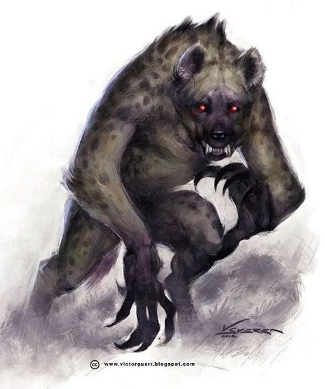 Ajaba, or a Werehyena, is a Therianthrope, or Werebeast, that involves a human capable of transforming into a beastial version of a hyena. Unlike werewolves and other therianthropes, which are usually portrayed as being originally human, some werehyena lore tells of how they can also be hyenas disguised as humans. As a result they are equivalent to the Navajo Skinwalkers. Unlike werewolves the werehyena was not restricted in when he or she could appear but they preferred the shadow of night ... Were Hyena, Goth Castle, Zombie Monster, Monster Hunter Art, Humanoid Creatures, Creature Artwork, Dnd Monsters, World Of Darkness, Modern Fantasy