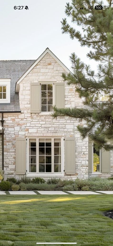 Light Brown Shutters On White House, Brown Shutters, Cottage Shutters, Outdoor Shutters, Brick Cottage, Shutters Exterior, White Brick, House Inspo, Future House