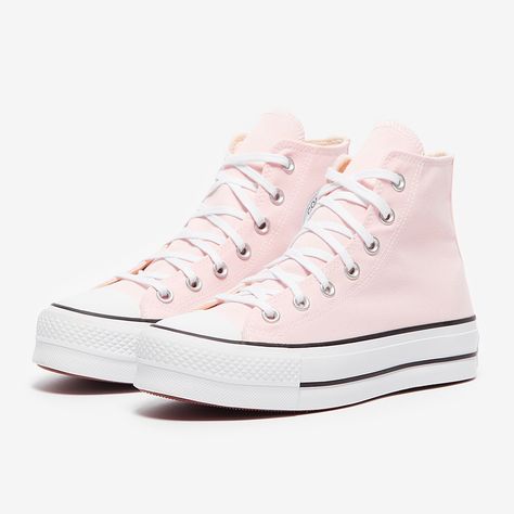 Express yourself in the Converse Womens Chuck Taylor All Star Lift Platform Seasonal Colour in Decade PinkWhiteBlack, the hightop trainer sporting soft, springtime tones that get you ready for summer. The Converse Womens Chuck Taylor All Star Lift Platform Seasonal Colour sports a lightweight and breathable canvas upper, with an OrthoLite midsole underfoot ensuring comfortable cushioning with every stride. Its stacked rubber sole provides you with durable traction on a variety of surfaces, while Light Pink Converse Platform, Converse Pink Platform, Light Pink Platform Converse, Pastel Pink Converse, Cute Shoes Aesthetic, Pink Hightop Converse, Pink Platform Converse, Hightop Platform Converse, Pastel Converse