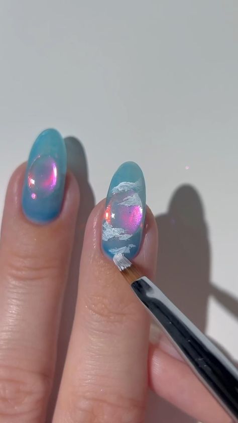 so dreamy 〜 🩵🌊 Acrylic Nails Almond Shape, Quick Nail Art, Wave Nails, Aurora Nails, Chrome Nail Art, Art Deco Nails, Hippie Nails, Diy Acrylic Nails, Nail Art For Beginners