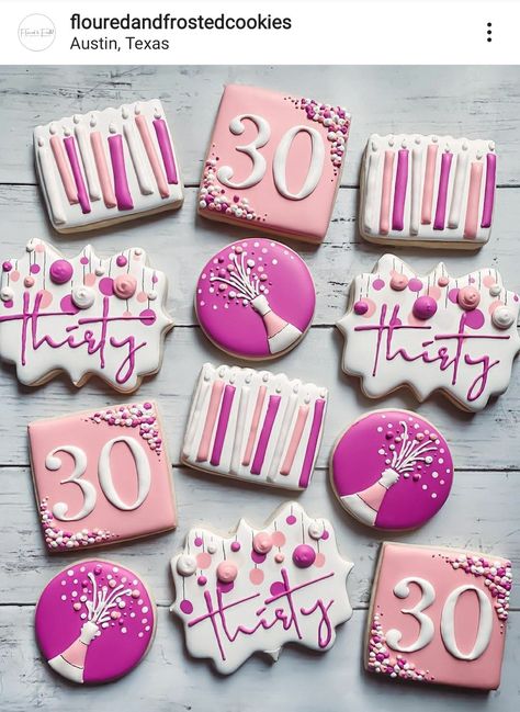 29th Birthday Cookies Decorated, Thirty Cookies Decorated, 30th Birthday Royal Icing Cookies, 40 Birthday Cookies Decorated, 30 Cookies Decorated, Cookies For Birthday Woman, Pink Cookies Decorated Birthday, 21st Cookies Decorated, 21st Birthday Royal Icing Cookies